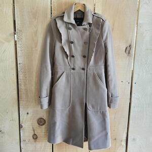 BCBG Max Azria Fayette Coat Sand XS w Ruffles Knee Length Khaki Tan Colored